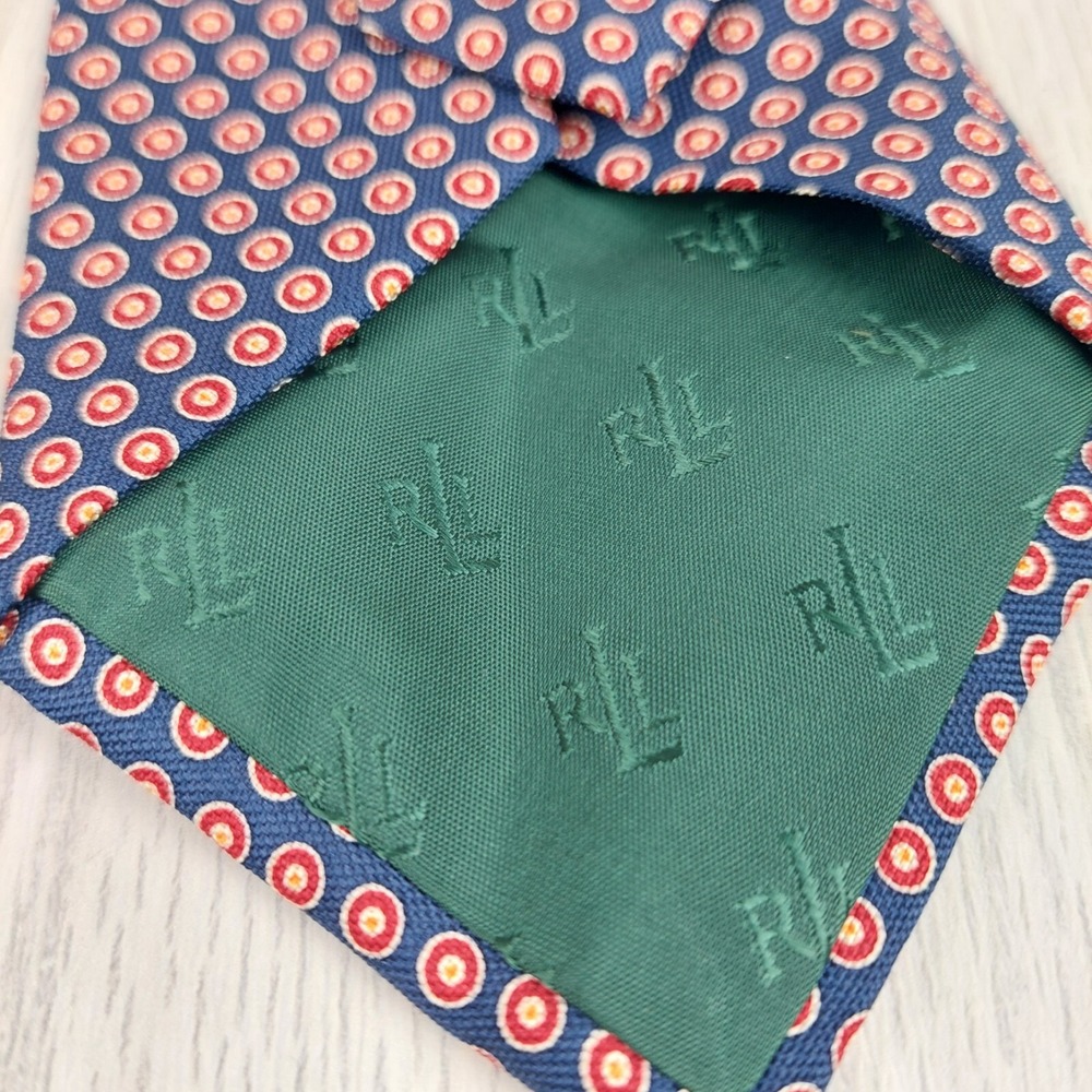 Lauren Ralph Lauren Tie Mens OS Navy Blue Red Medallion Geometric Silk Necktie - Picture 4 of 7